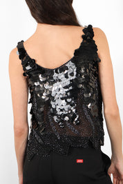 Mark Cheung 1980s Black Silk Paillette & Glass Beaded Sheer Tank Top - M
