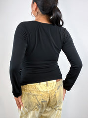 Max Studio 2000s Black Ruched Velvet Bow Top - S-L
