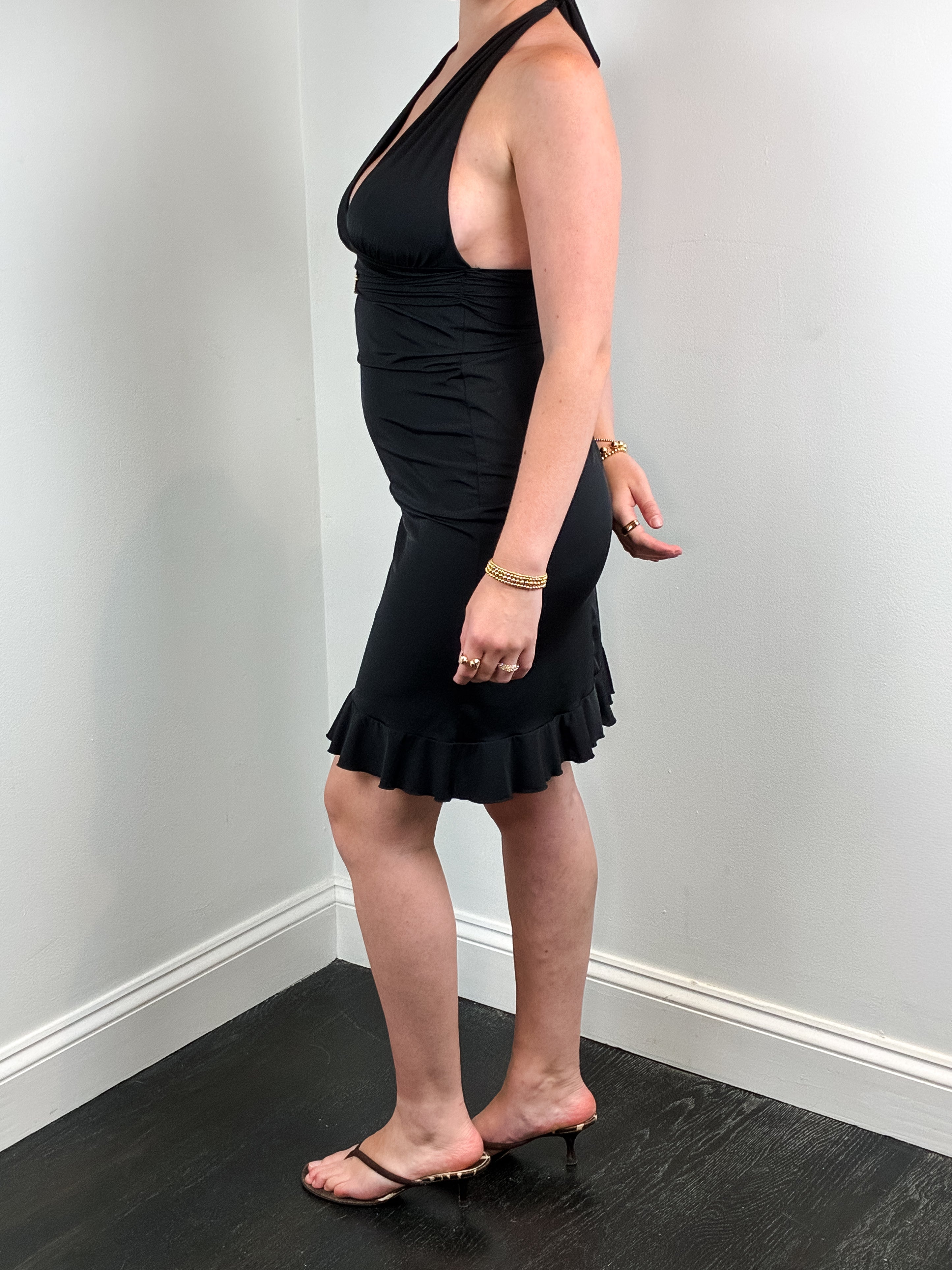 Blumarine Beachwear 2000s Black Ruched Halter Ruffle Hem Mini Dress - S/M