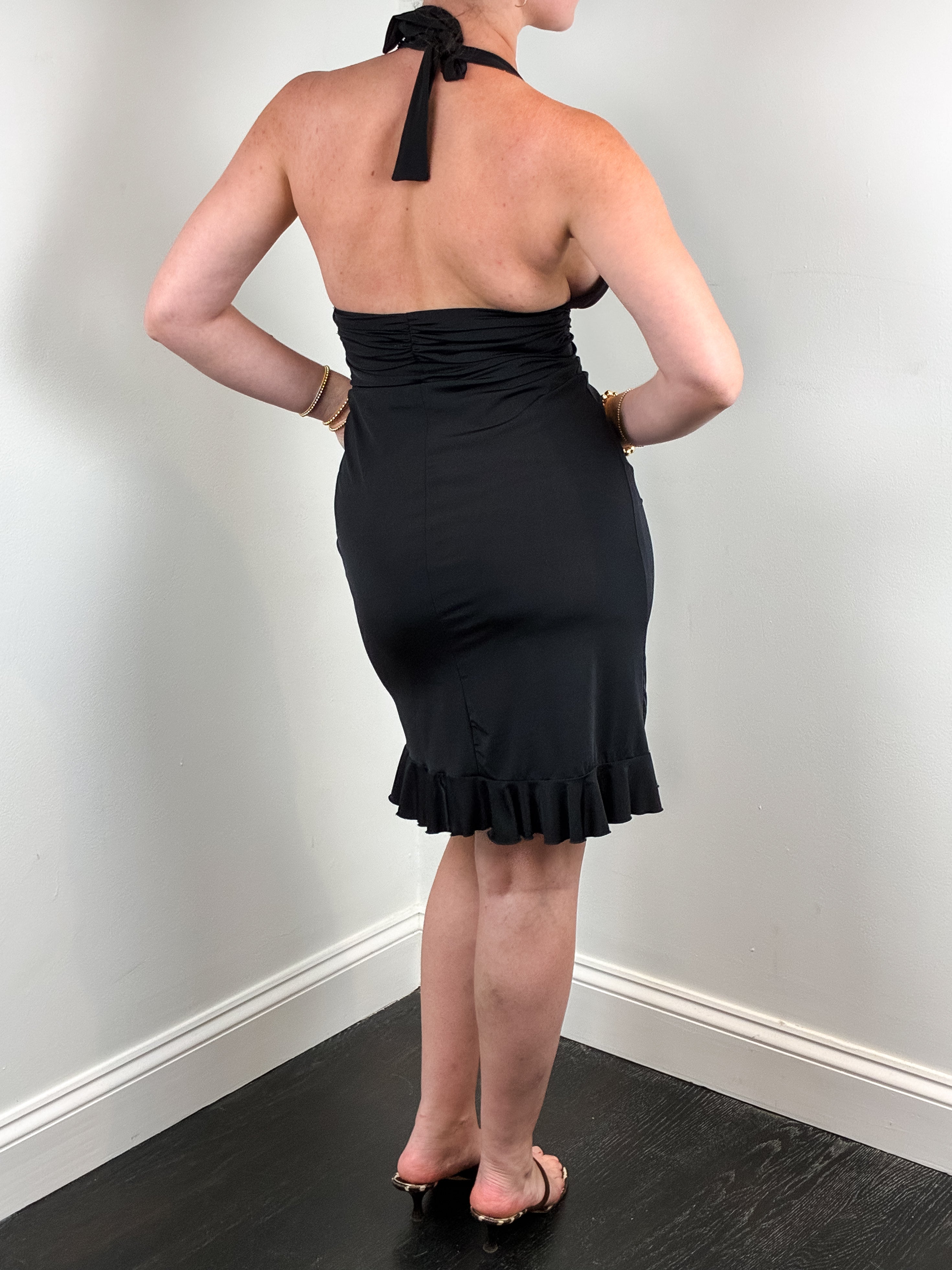 Blumarine Beachwear 2000s Black Ruched Halter Ruffle Hem Mini Dress - S/M