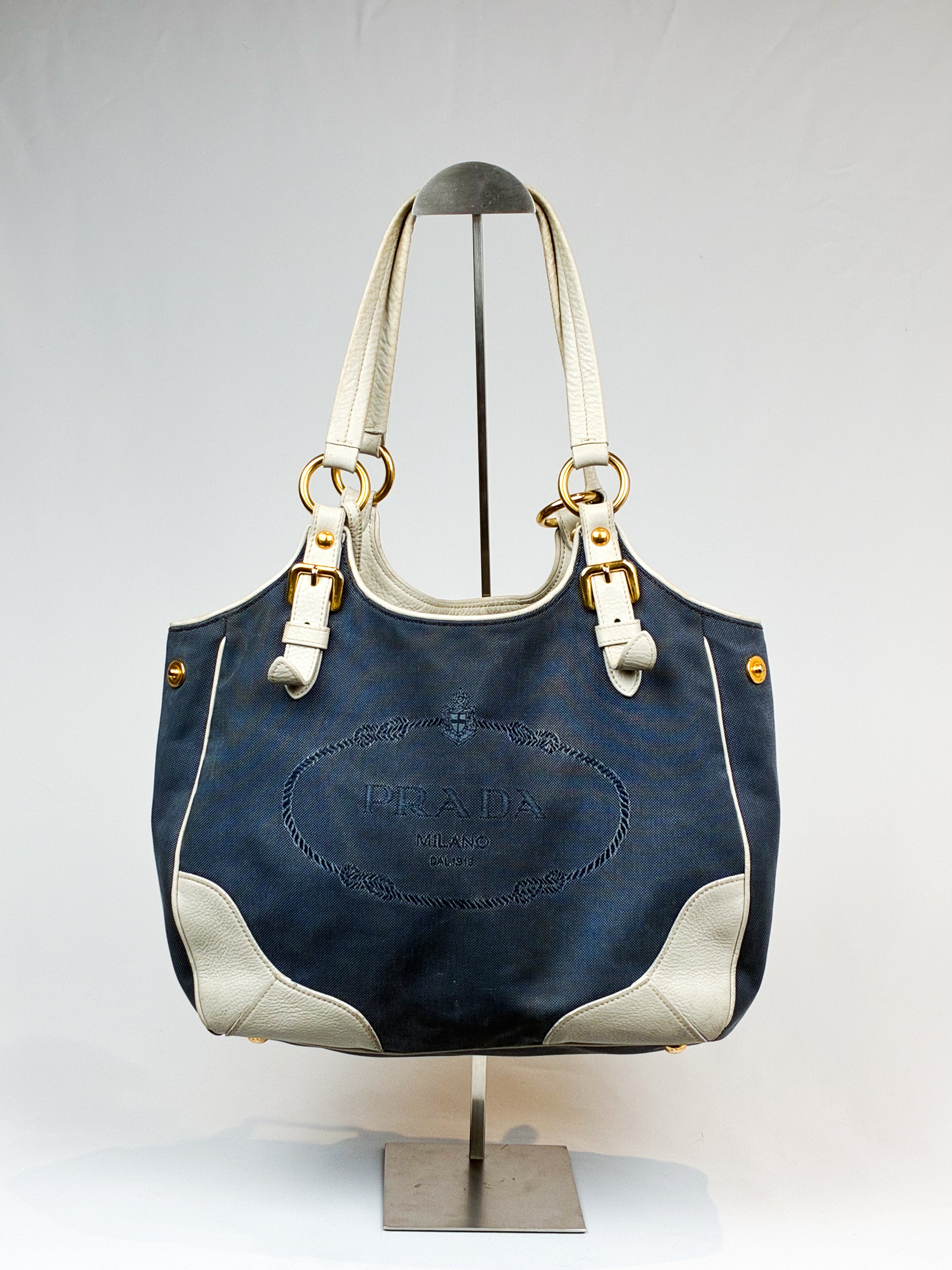 Prada 2000s Navy Denim Jacquard Logo Shoulder Bag