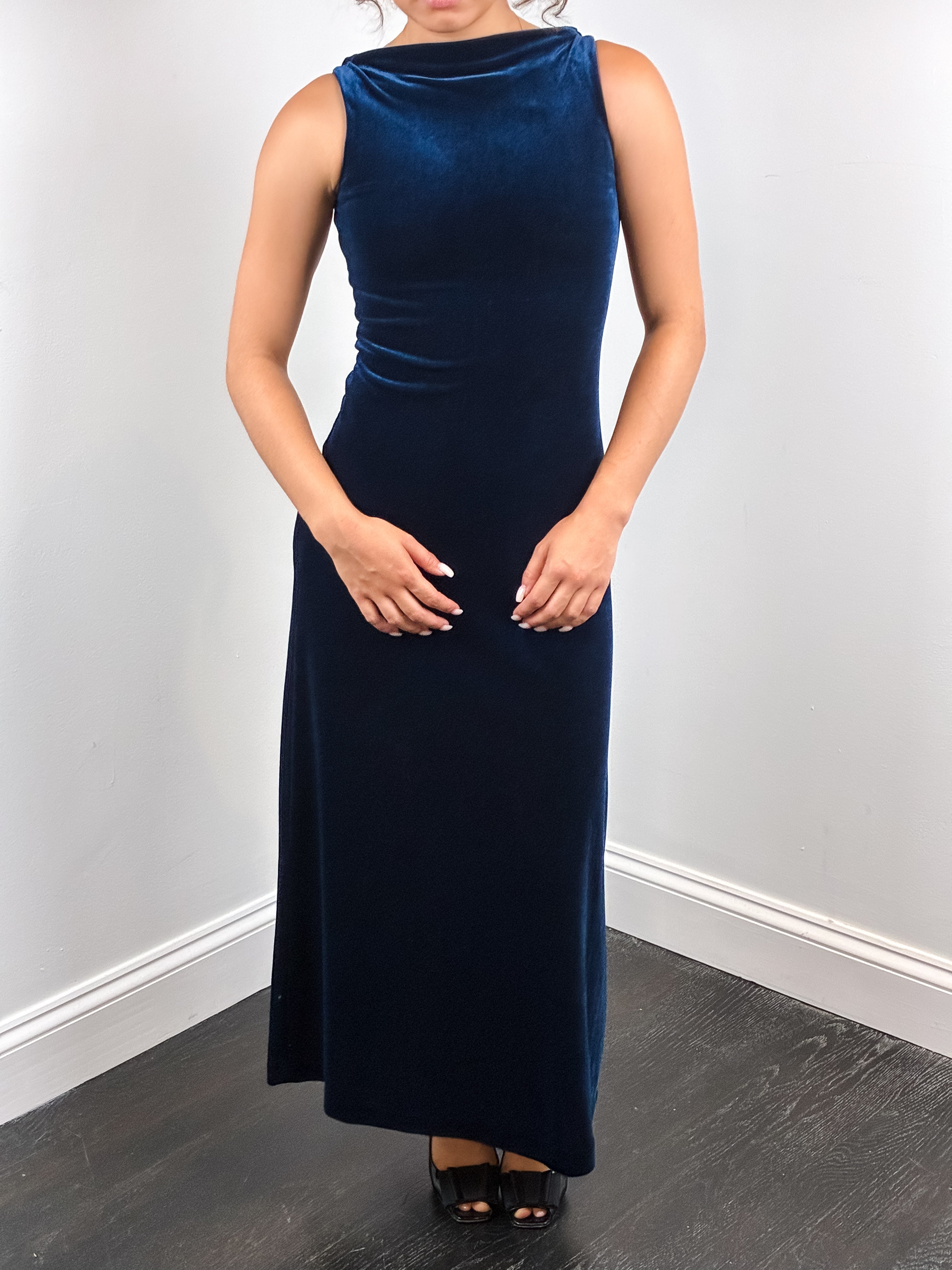 Nicole Miller 1990s Navy Stretch Velvet Cowl Back Petite Gown - XXS