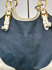 Prada 2000s Navy Denim Jacquard Logo Shoulder Bag