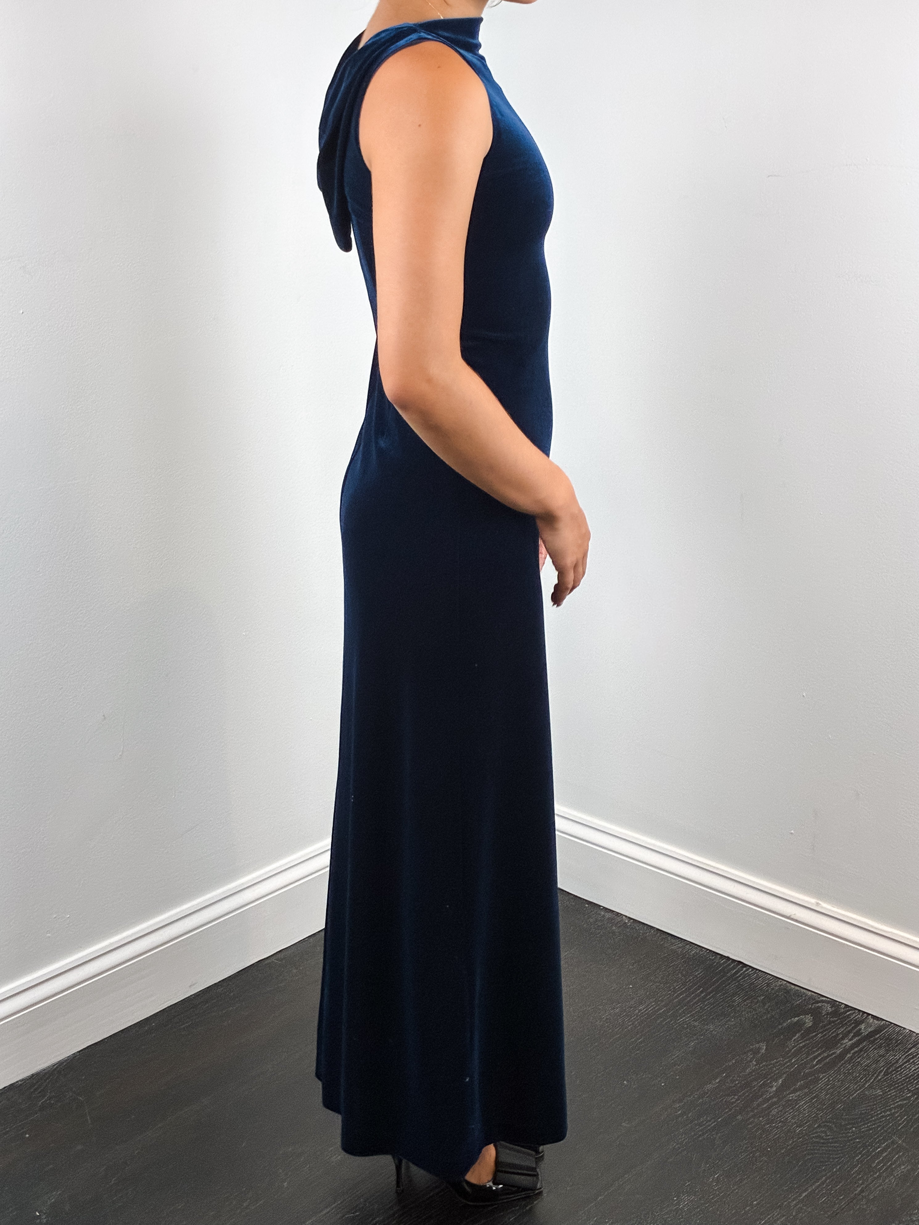 Nicole Miller 1990s Navy Stretch Velvet Cowl Back Petite Gown - XXS