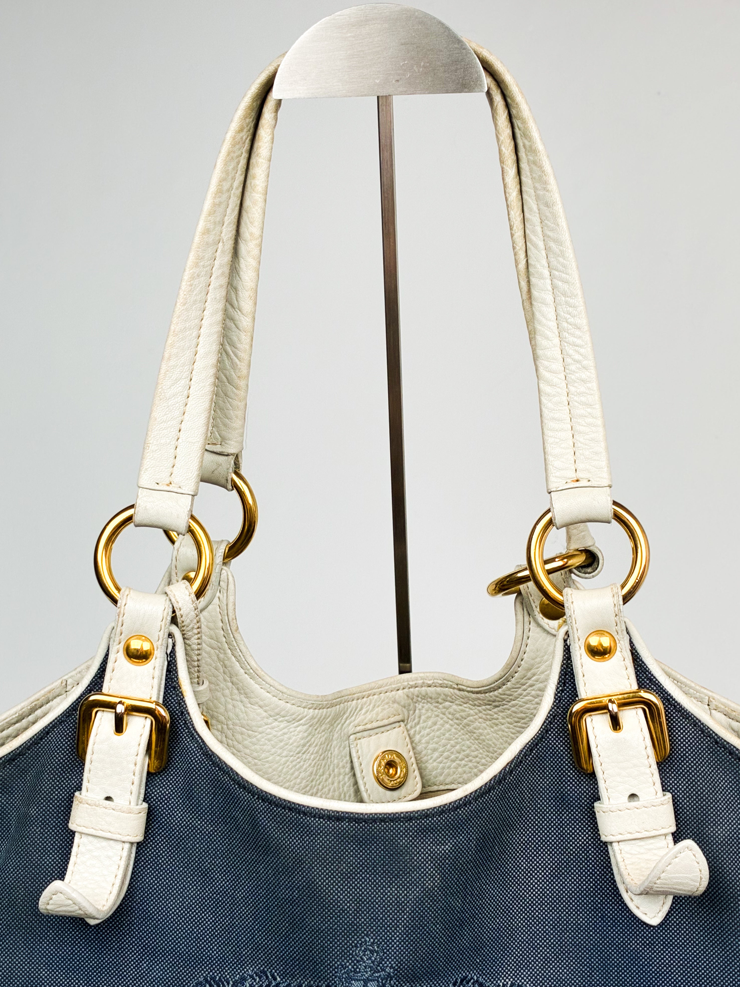 Prada 2000s Navy Denim Jacquard Logo Shoulder Bag