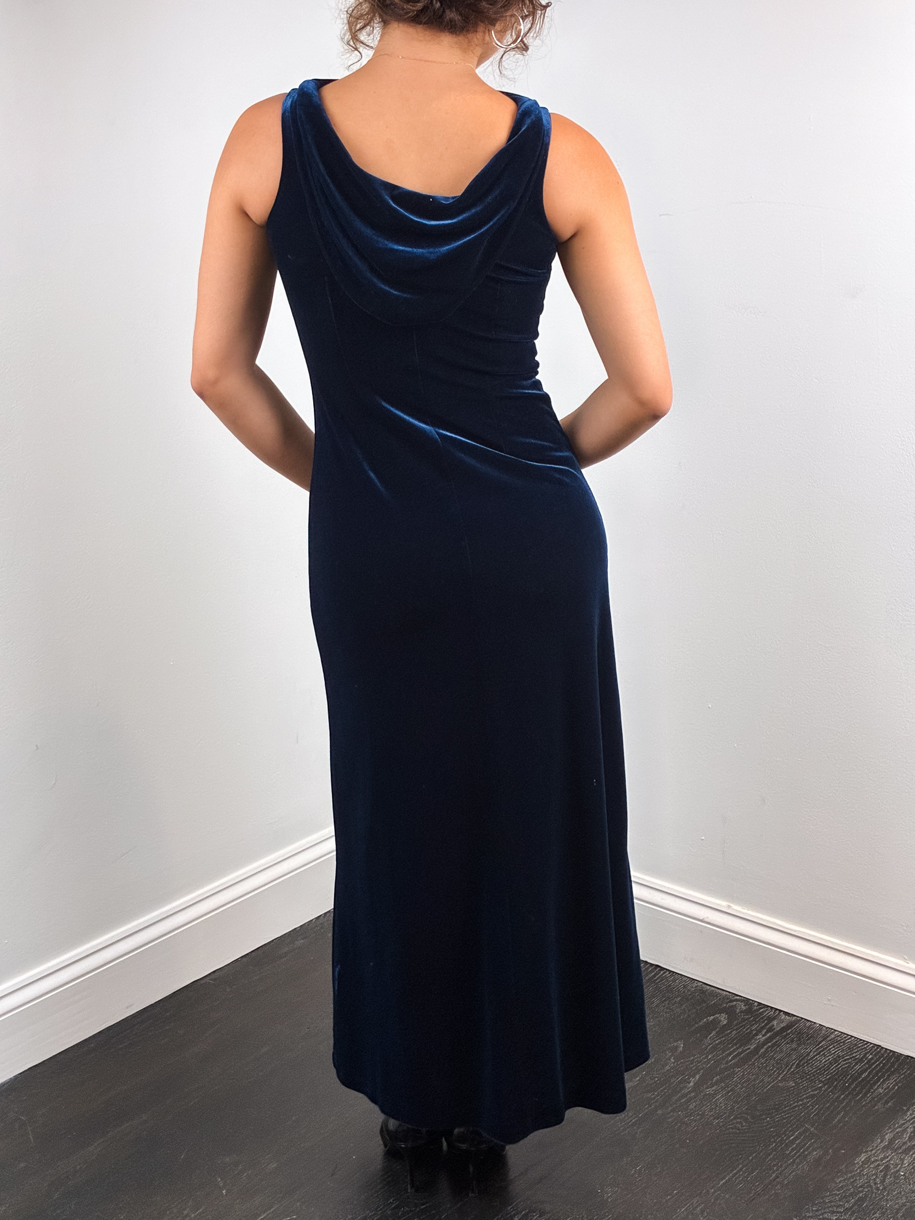 Nicole Miller 1990s Navy Stretch Velvet Cowl Back Petite Gown - XXS