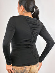 Patrizia Pepe 2000s Black Ruched V-Neck Long Sleeve Top - S/M