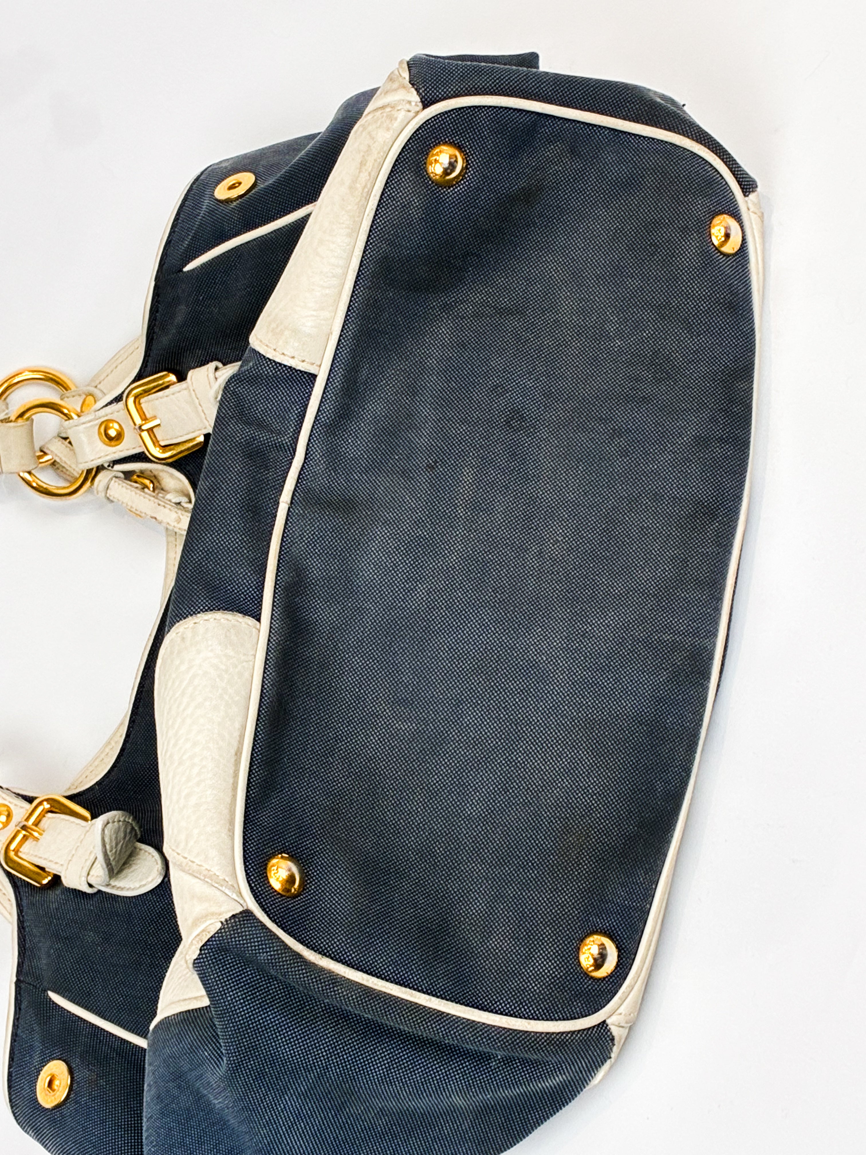 Prada 2000s Navy Denim Jacquard Logo Shoulder Bag