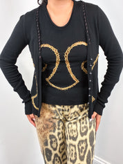 Just Cavalli 1990s Black Gold Barbed Wire Cutwork Cardigan & Tank Set - S/M
