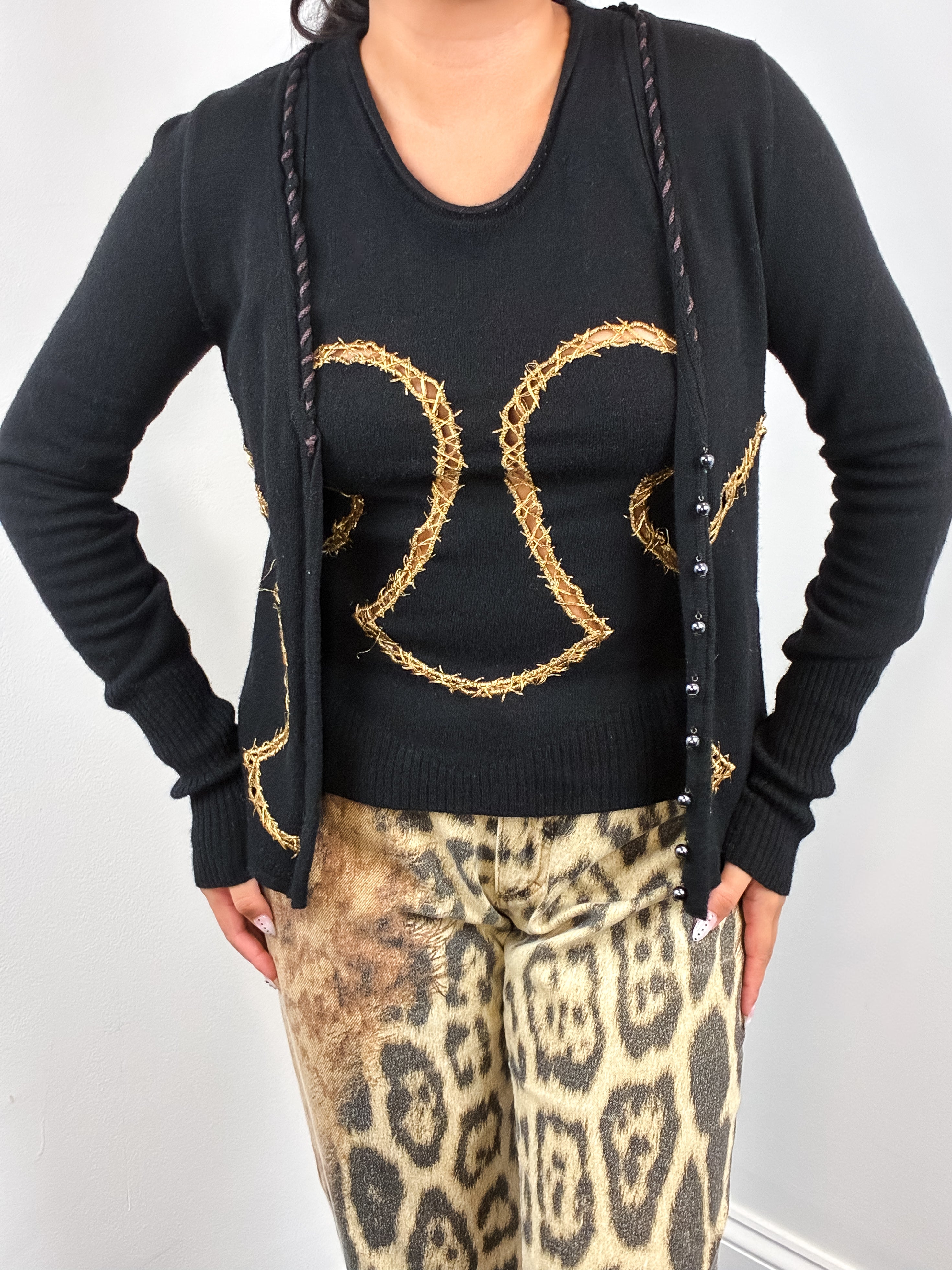 Just Cavalli 1990s Black Gold Barbed Wire Cutwork Cardigan & Tank Set - S/M