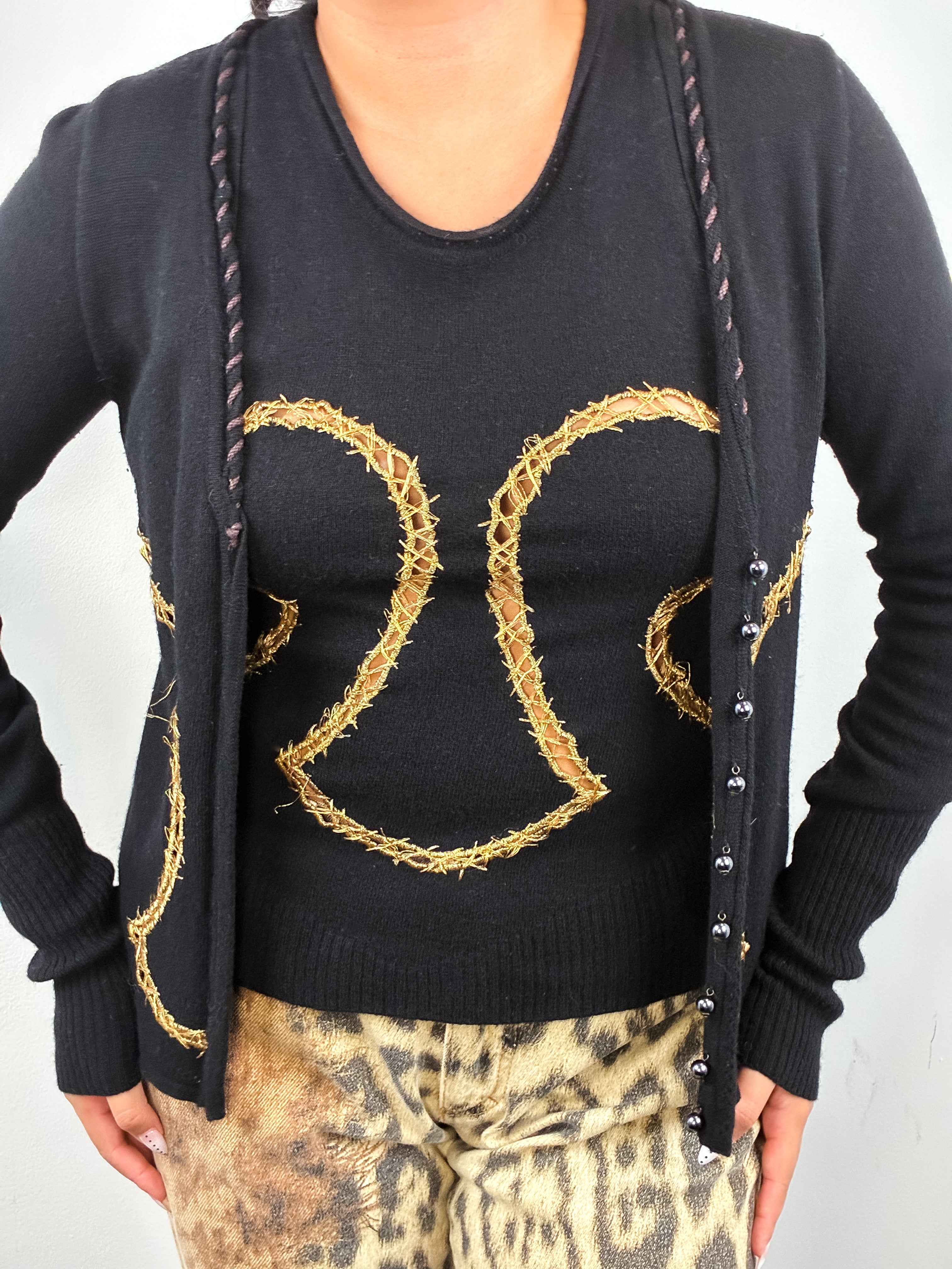 Just Cavalli 1990s Black Gold Barbed Wire Cutwork Cardigan & Tank Set - S/M
