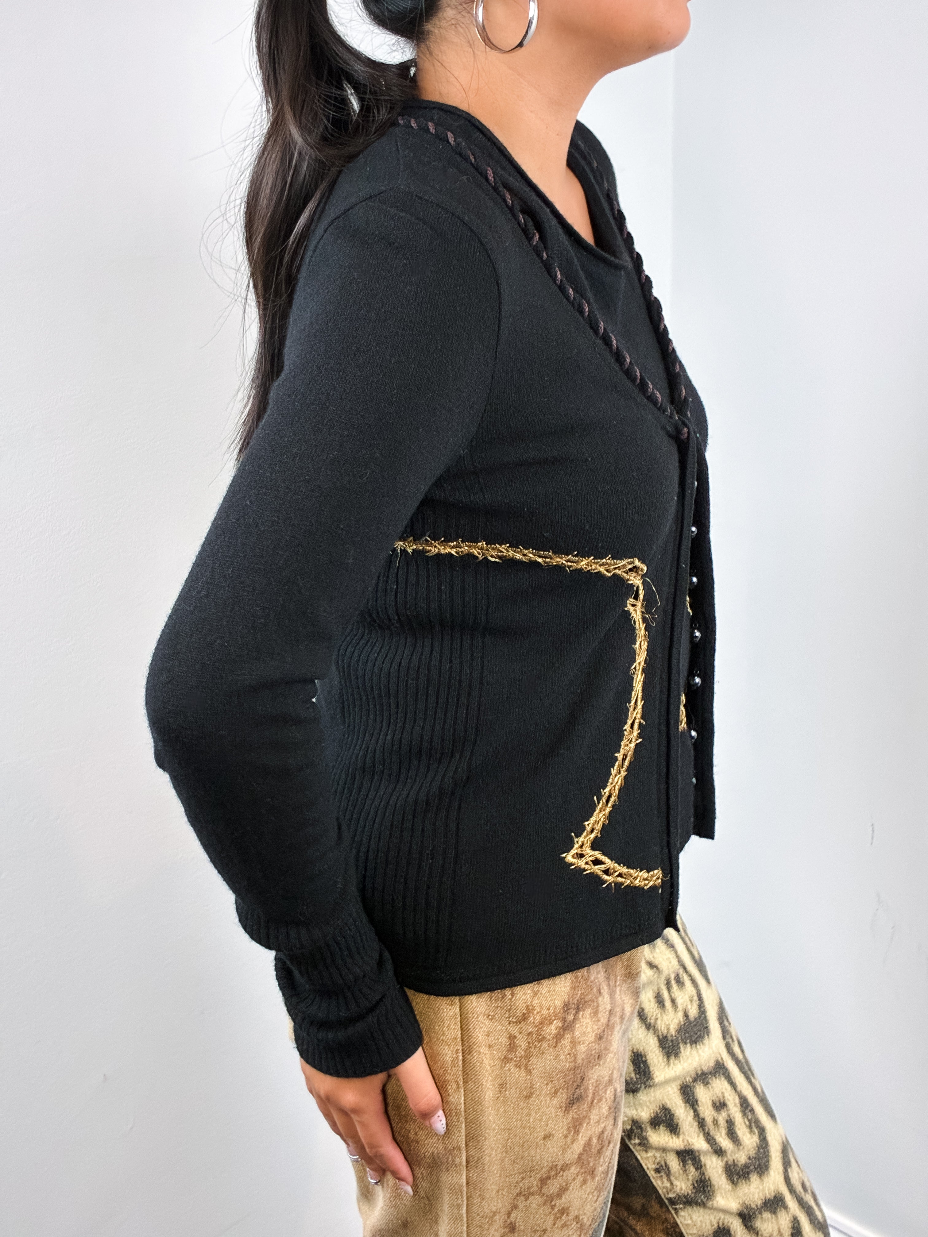 Just Cavalli 1990s Black Gold Barbed Wire Cutwork Cardigan & Tank Set - S/M