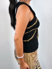 Just Cavalli 1990s Black Gold Barbed Wire Cutwork Cardigan & Tank Set - S/M