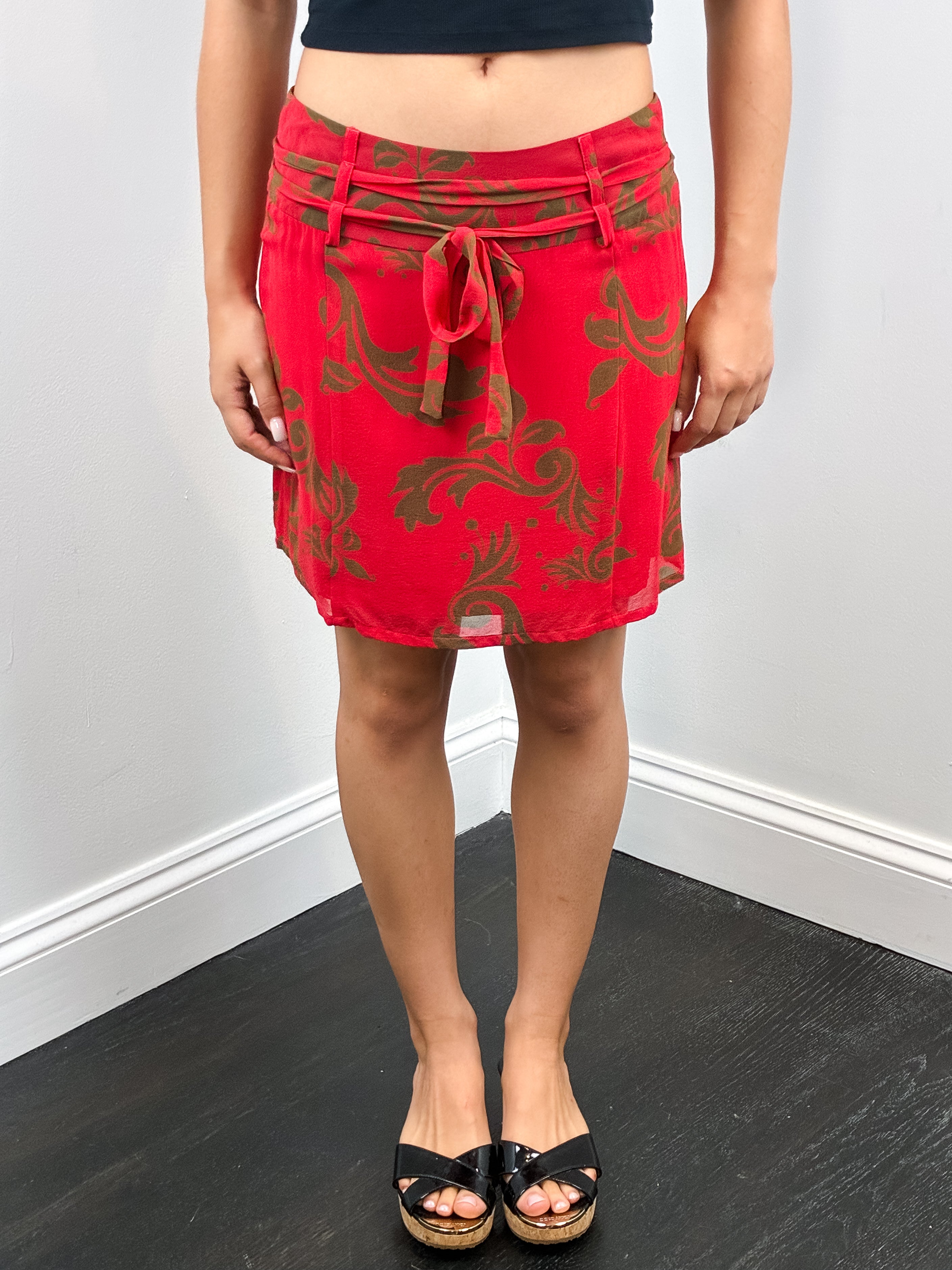 Blunauta 2000s Red and Olive Scroll Print Silk Mini Skirt - XS/S