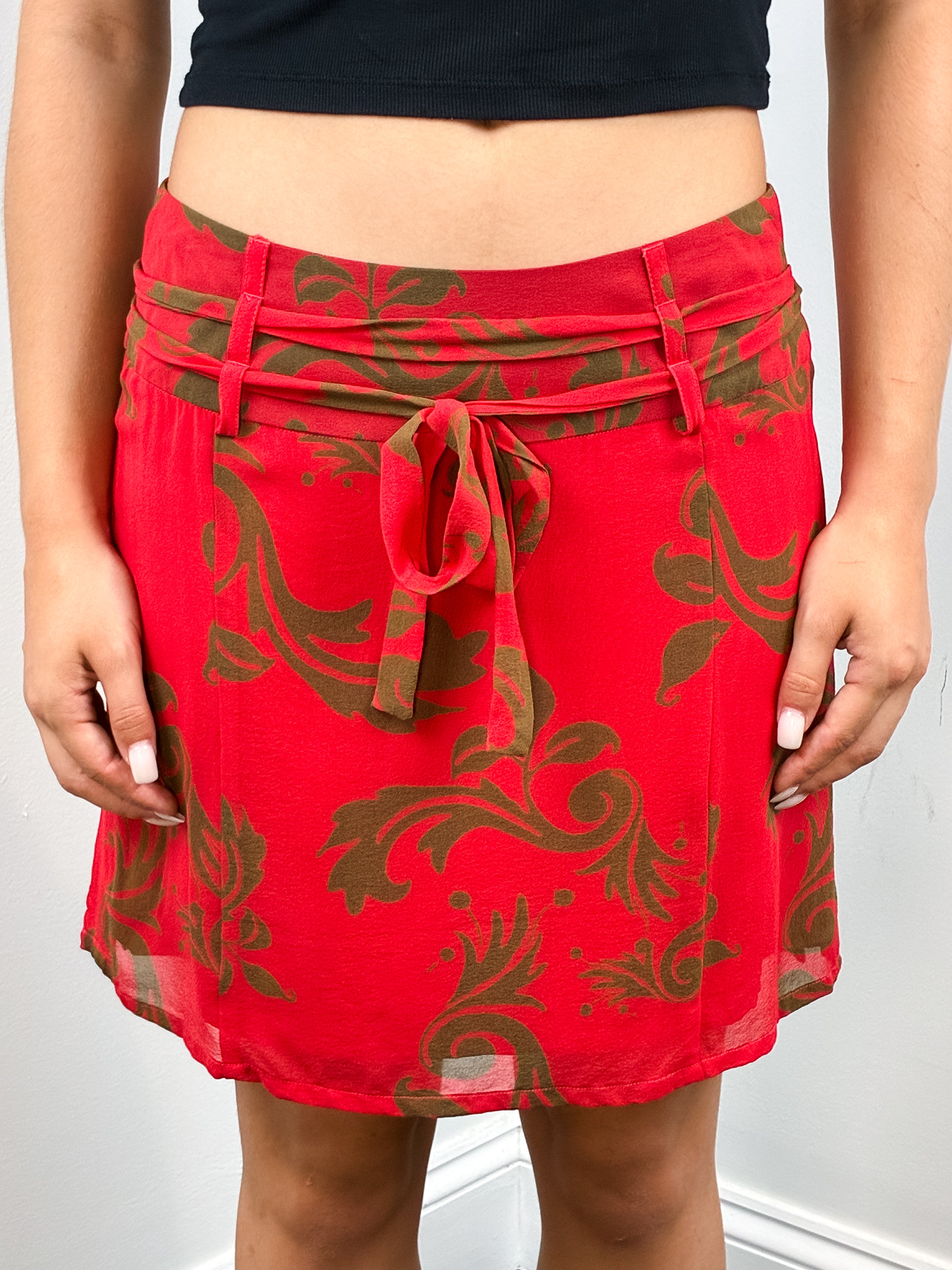 Blunauta 2000s Red and Olive Scroll Print Silk Mini Skirt - XS/S