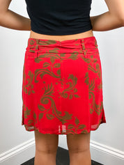 Blunauta 2000s Red and Olive Scroll Print Silk Mini Skirt - XS/S