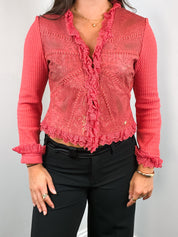 Class Roberto Cavalli 2000s Coral Perforated Leather Crochet-Trim Jacket - M