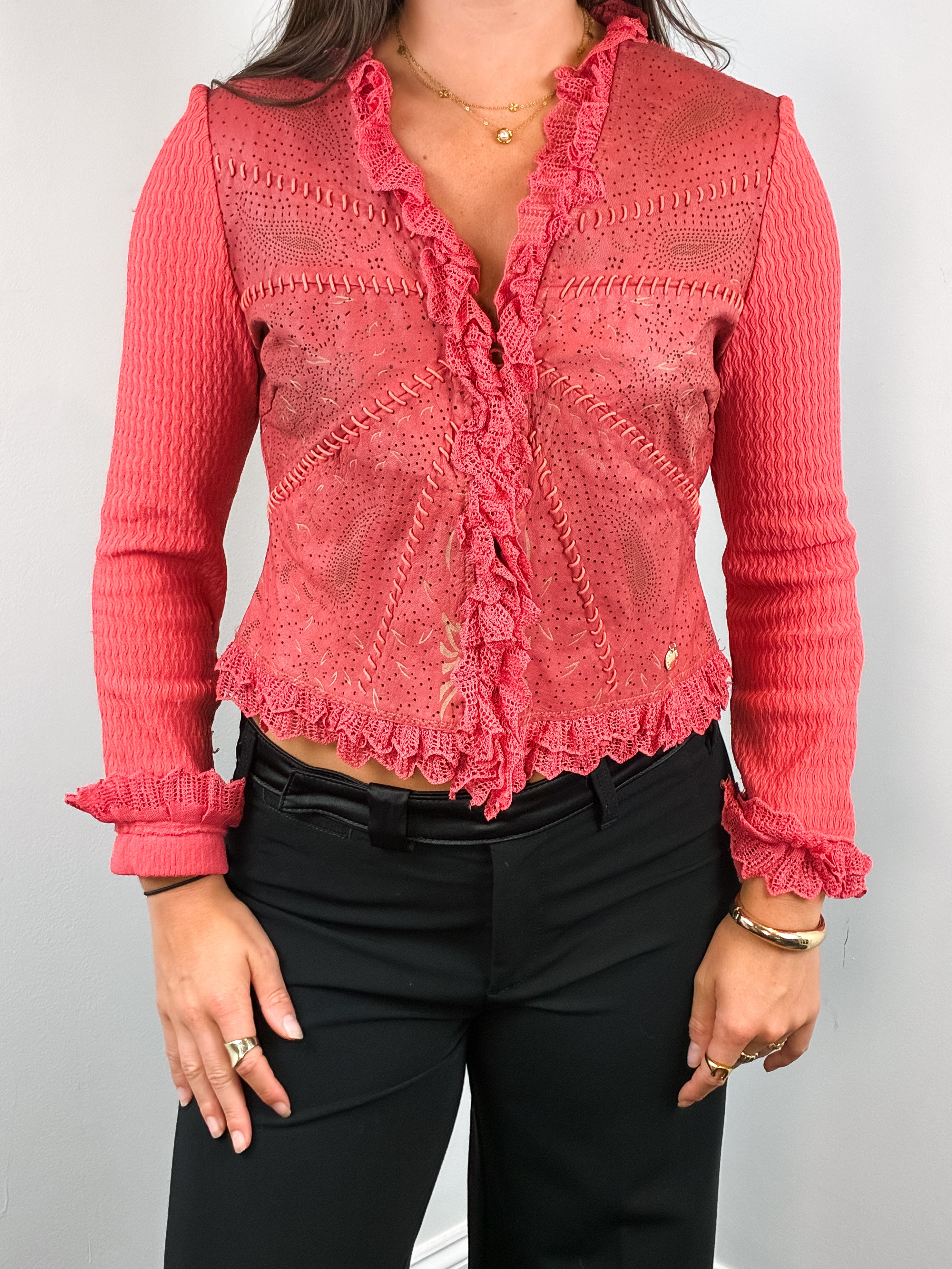 Class Roberto Cavalli 2000s Coral Perforated Leather Crochet-Trim Jacket - M