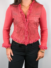Class Roberto Cavalli 2000s Coral Perforated Leather Crochet-Trim Jacket - M