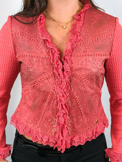 Class Roberto Cavalli 2000s Coral Perforated Leather Crochet-Trim Jacket - M