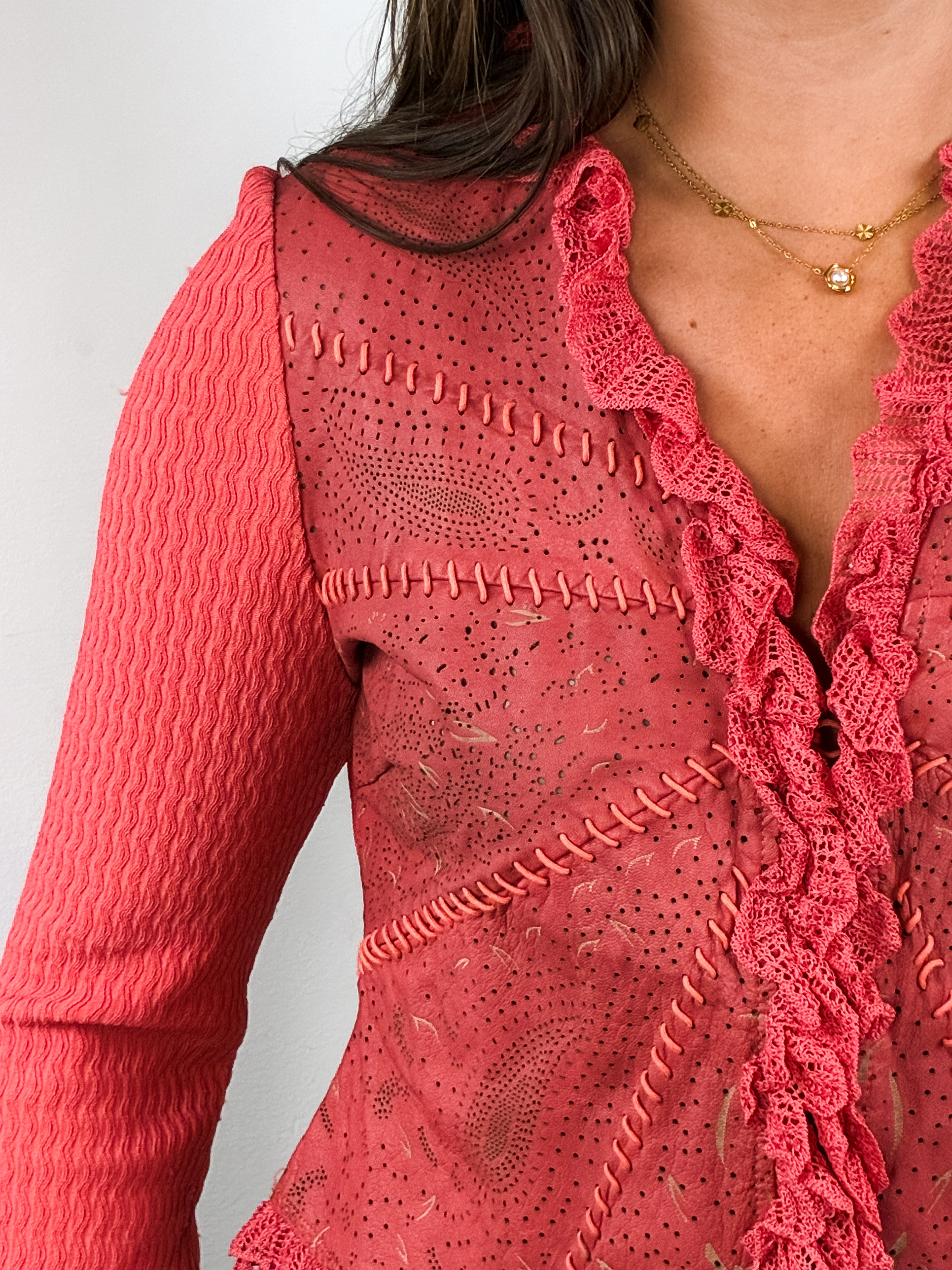 Class Roberto Cavalli 2000s Coral Perforated Leather Crochet-Trim Jacket - M