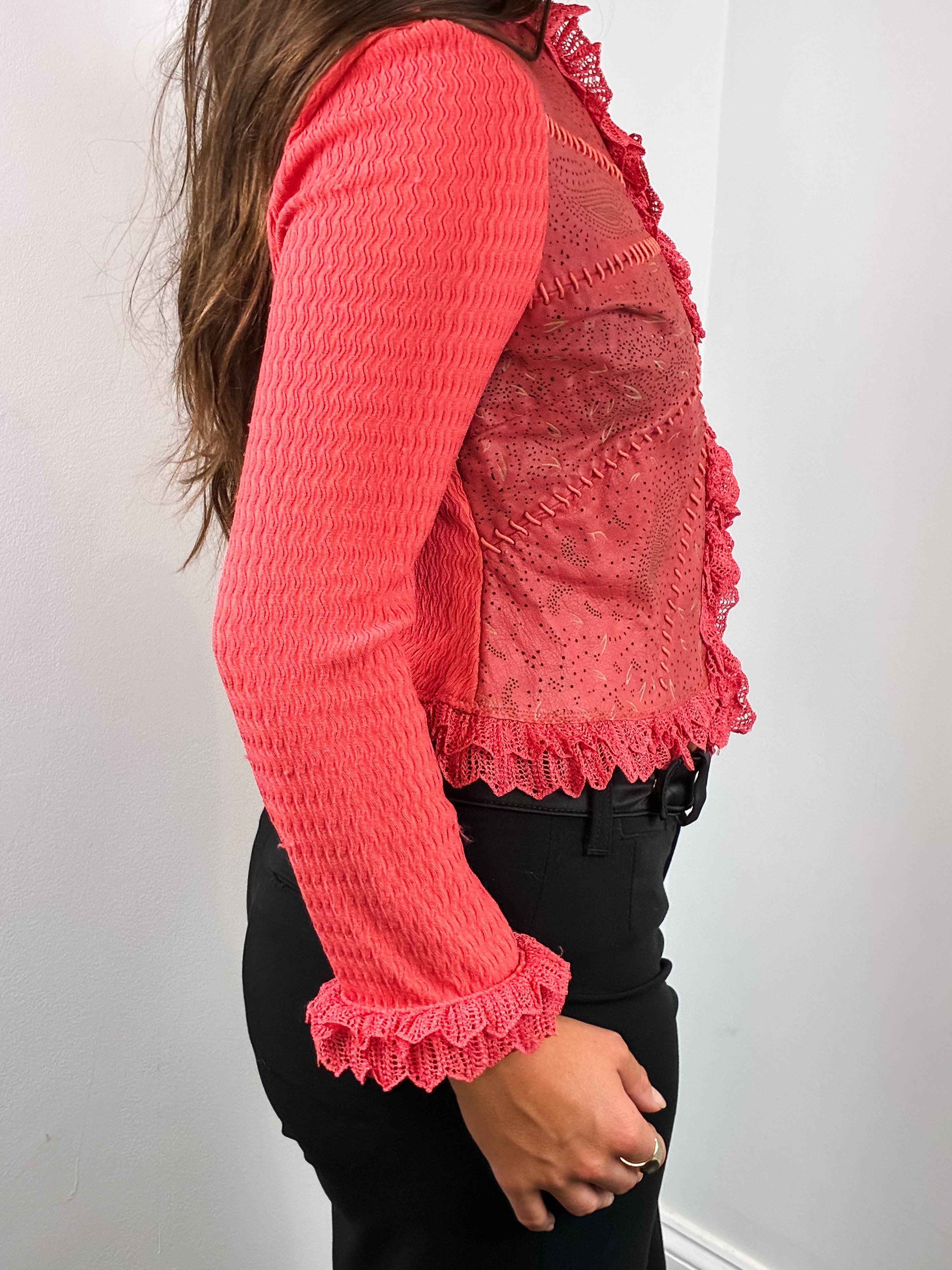 Class Roberto Cavalli 2000s Coral Perforated Leather Crochet-Trim Jacket - M