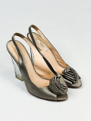 Prada 2000s Pewter Satin Rosette Peep Toe Slingback Pumps - EU 37