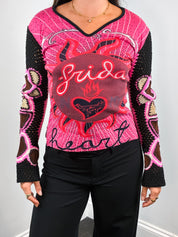 Custo Barcelona 2000s Frida Heart Lion Print Crochet-Sleeve Top - S-L