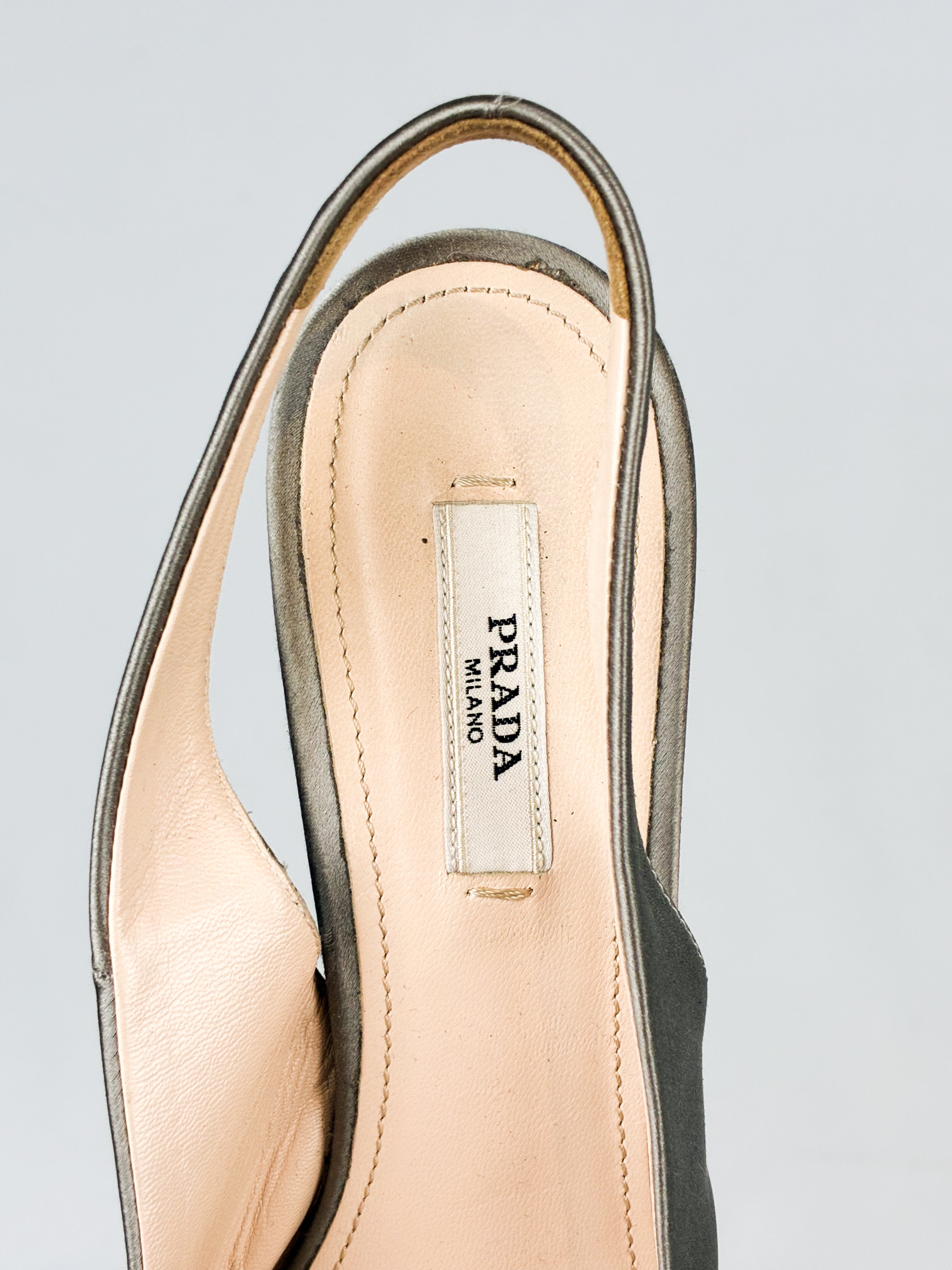 Prada 2000s Pewter Satin Rosette Peep Toe Slingback Pumps - EU 37