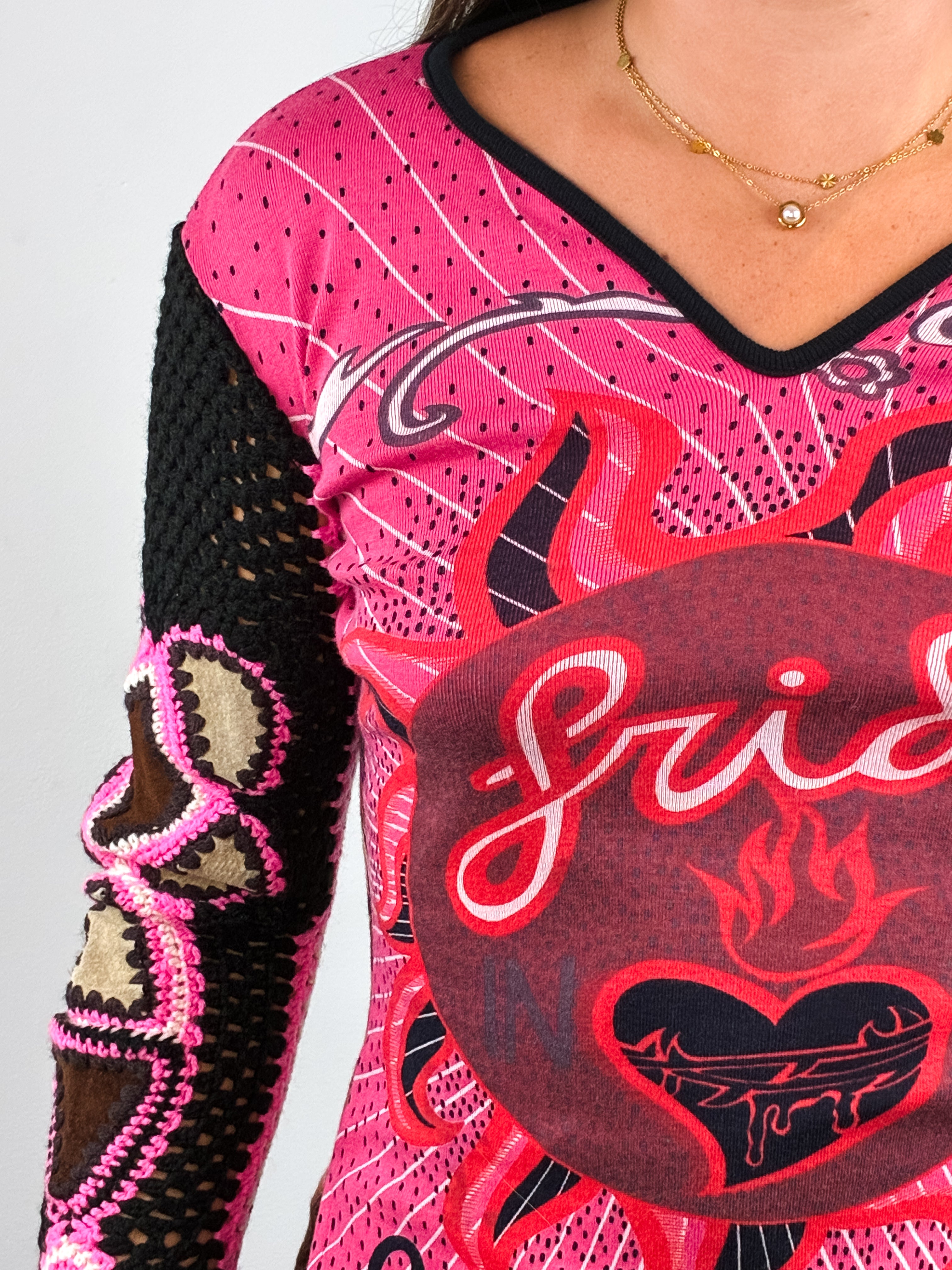 Custo Barcelona 2000s Frida Heart Lion Print Crochet-Sleeve Top - S-L