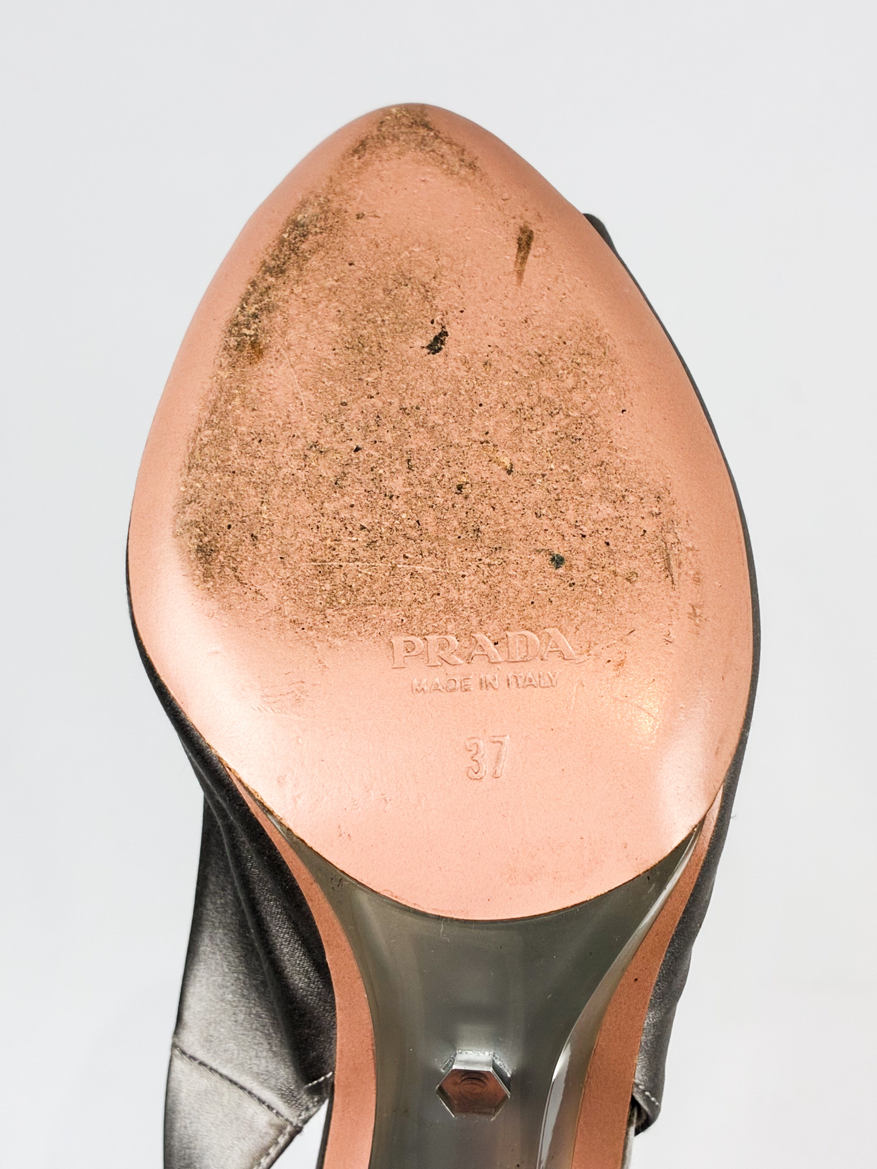 Prada 2000s Pewter Satin Rosette Peep Toe Slingback Pumps - EU 37