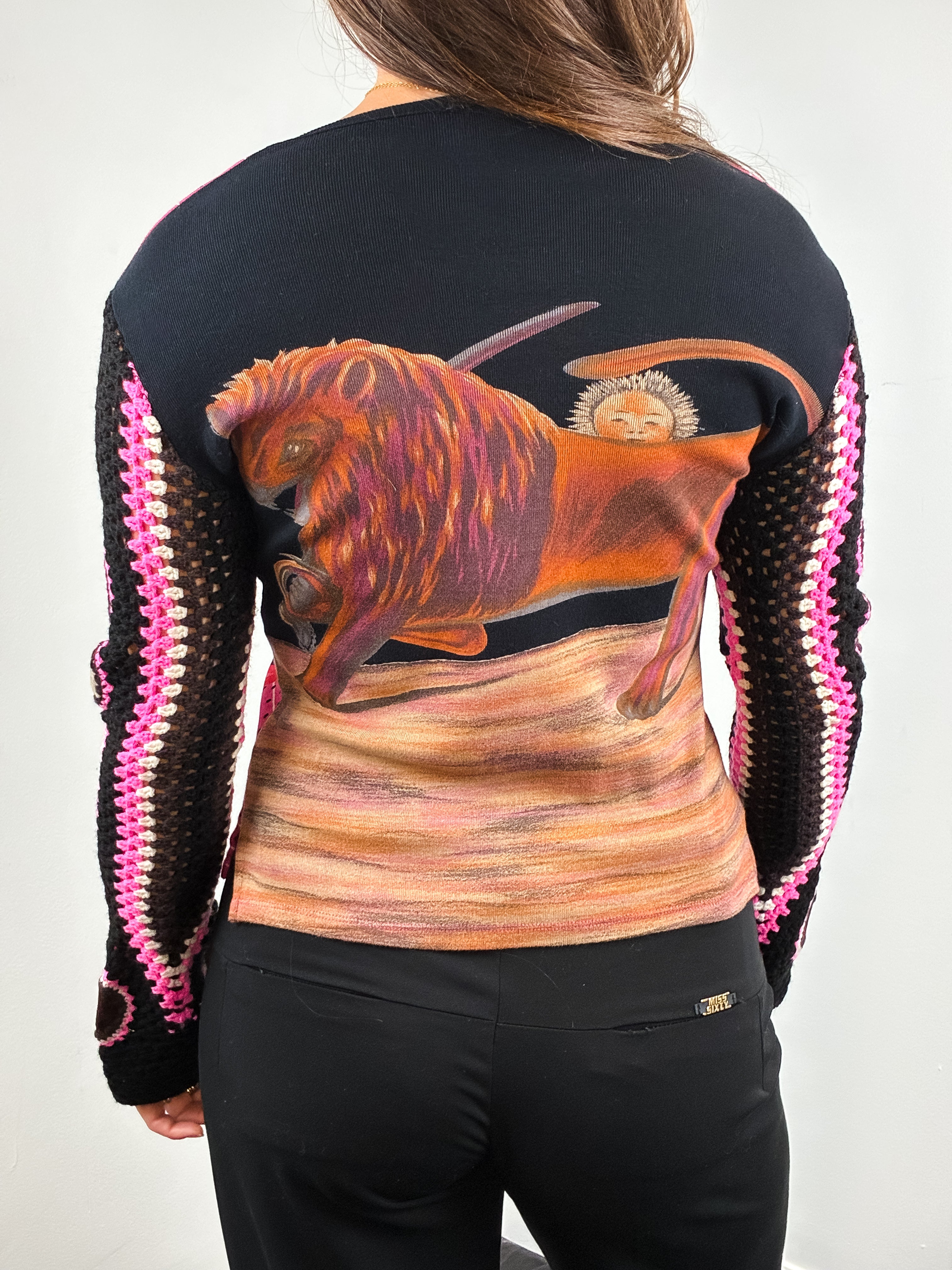 Custo Barcelona 2000s Frida Heart Lion Print Crochet-Sleeve Top - S-L