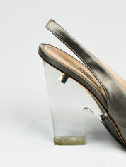 Prada 2000s Pewter Satin Rosette Peep Toe Slingback Pumps - EU 37