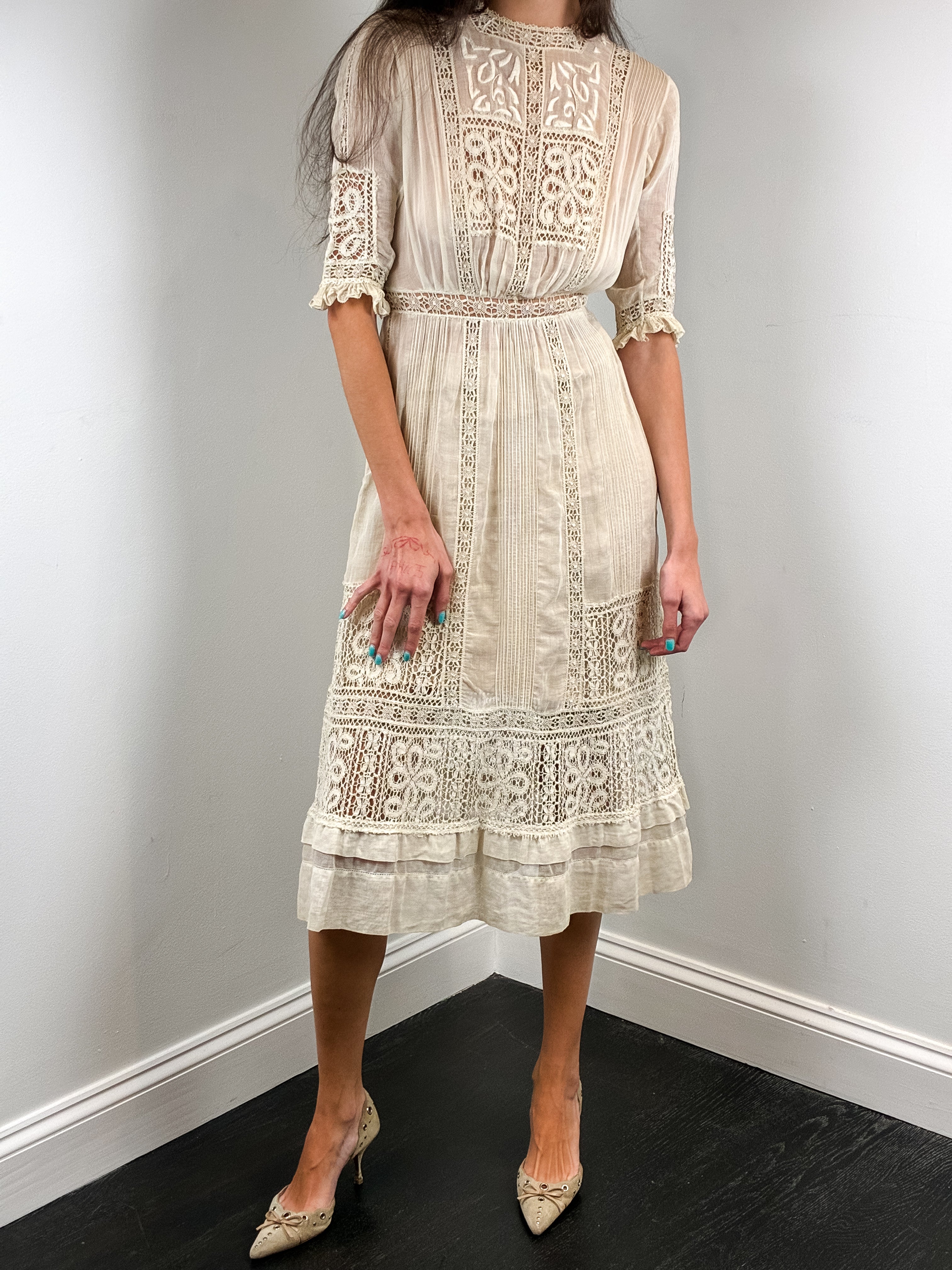 Antique Edwardian Cream Lace Tea Dress - XS