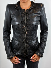 Benedetta Novi 2000s Black Leather Ruffle Zip Jacket - XS/S