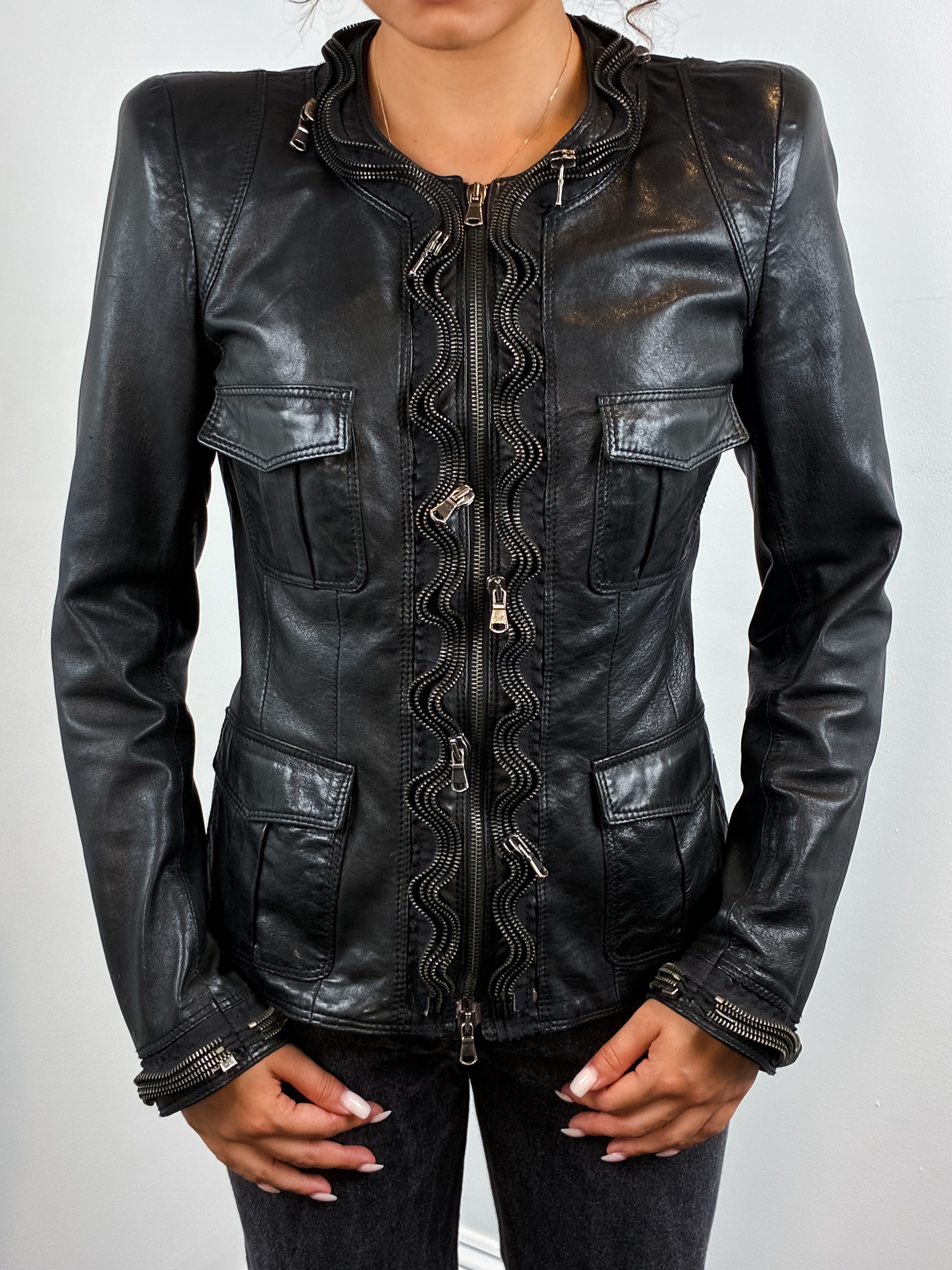 Benedetta Novi 2000s Black Leather Ruffle Zip Jacket - XS/S