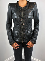 Benedetta Novi 2000s Black Leather Ruffle Zip Jacket - XS/S