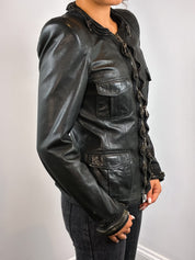 Benedetta Novi 2000s Black Leather Ruffle Zip Jacket - XS/S