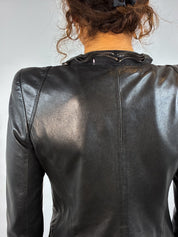 Benedetta Novi 2000s Black Leather Ruffle Zip Jacket - XS/S