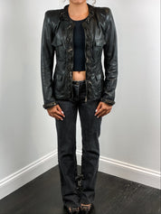 Benedetta Novi 2000s Black Leather Ruffle Zip Jacket - XS/S