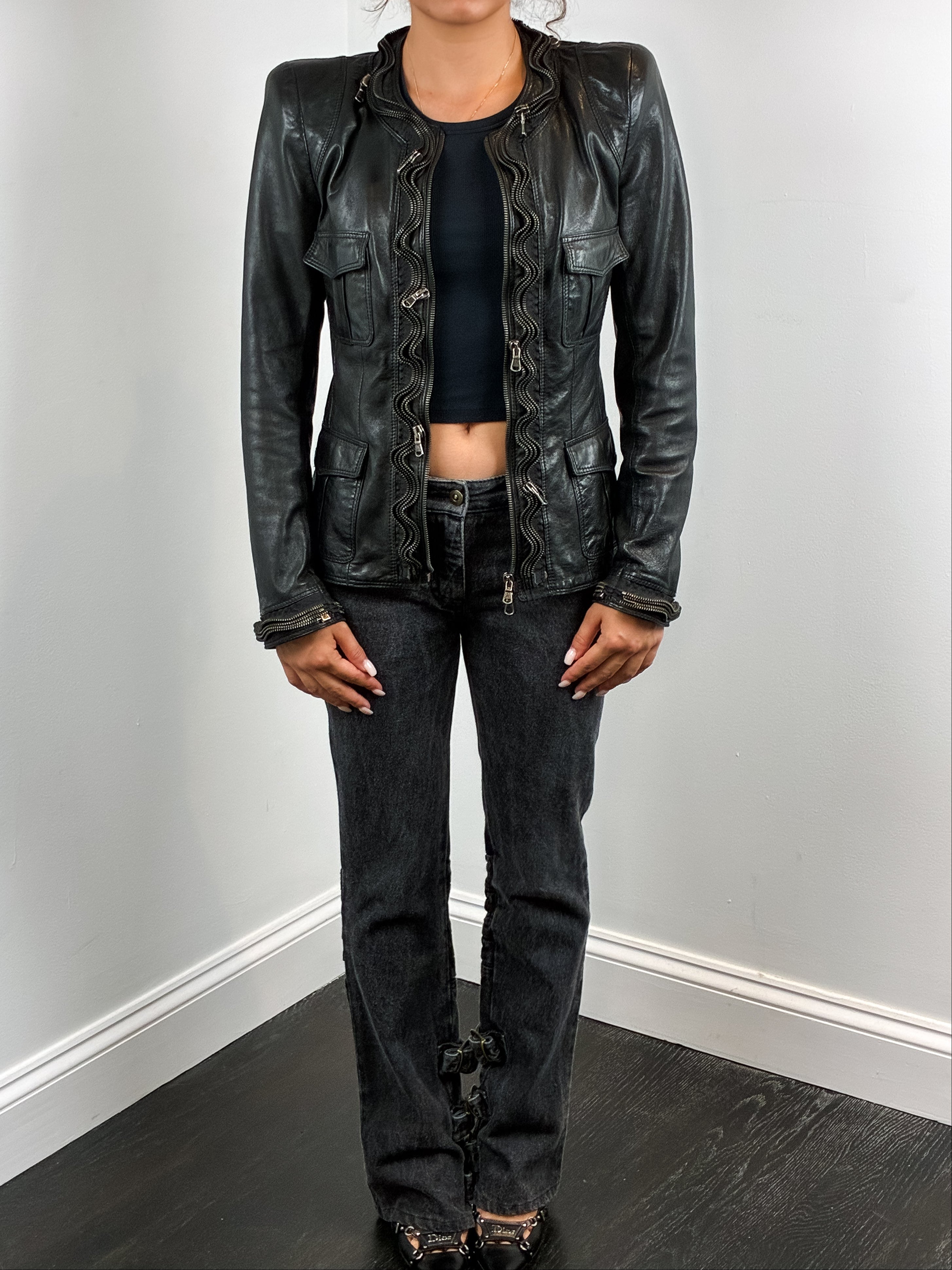 Benedetta Novi 2000s Black Leather Ruffle Zip Jacket - XS/S