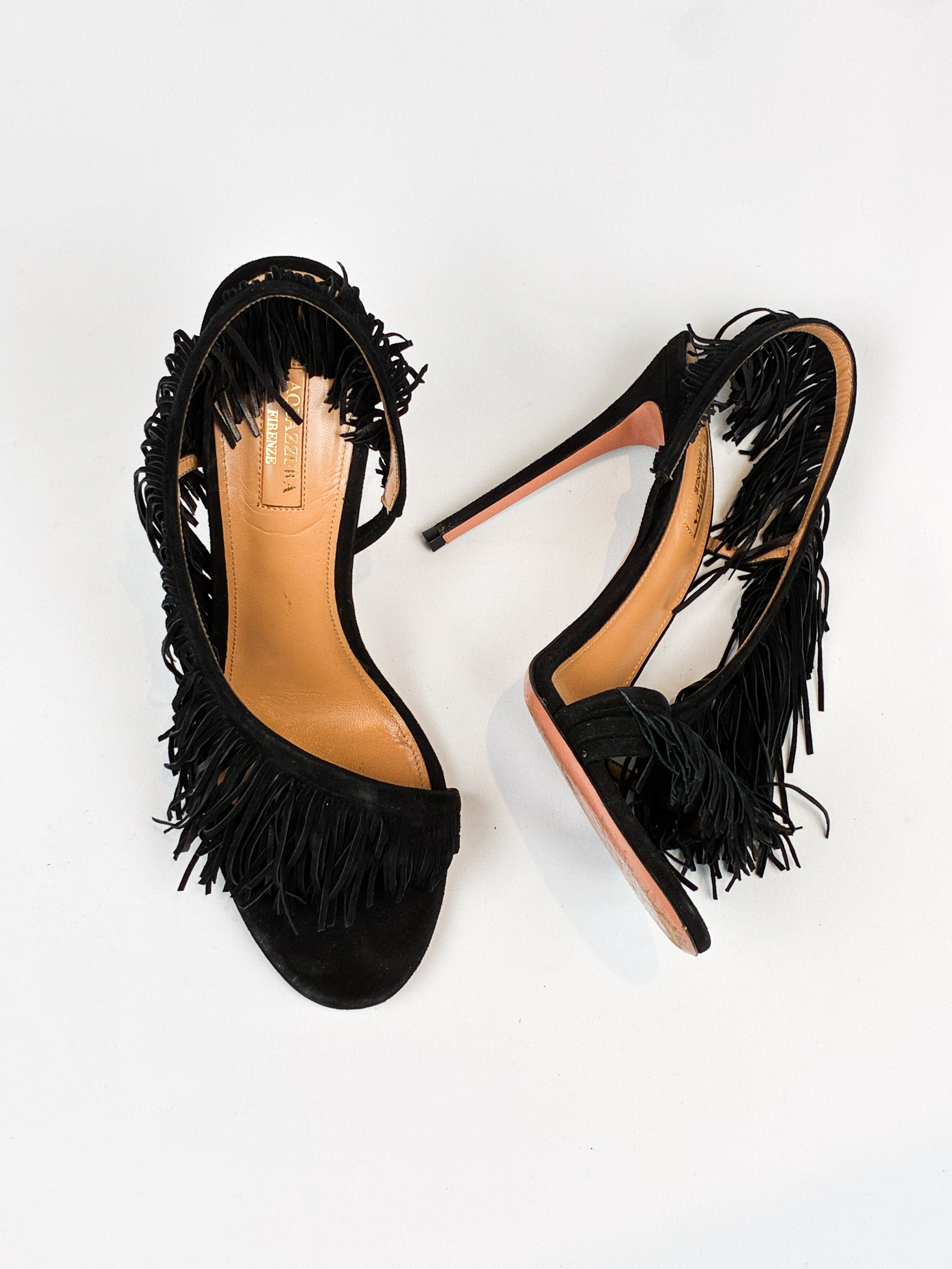Aquazzura 2010s Wild Fringe Black Suede Sandals - EU 41
