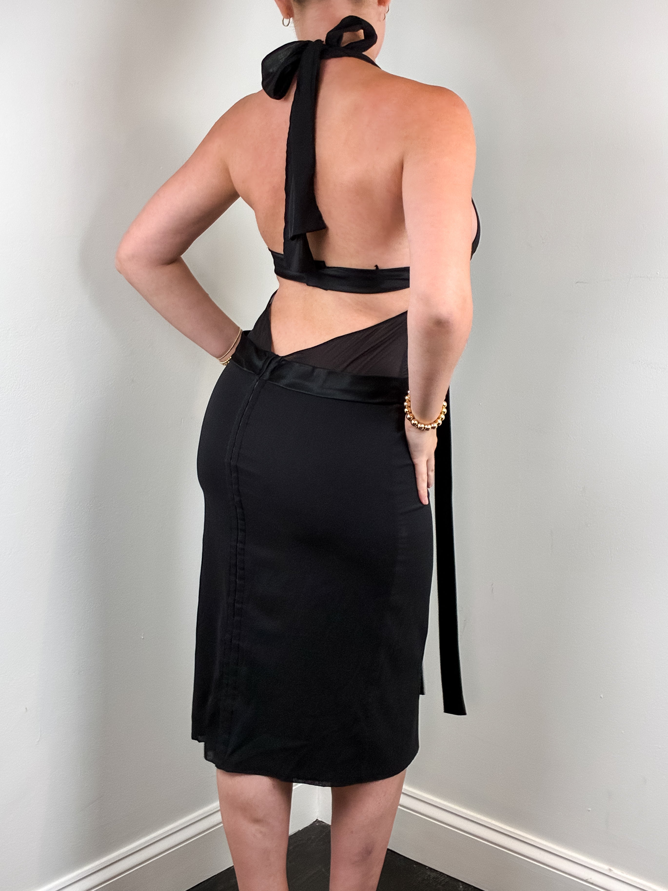 Dolce & Gabbana 2004 Black Bow Sheer Panel Halter Midi Dress - M
