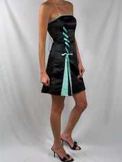 Jessica McClintock Gunne Sax 1990s Black Satin Strapless Bow Mini Dress - XS-M