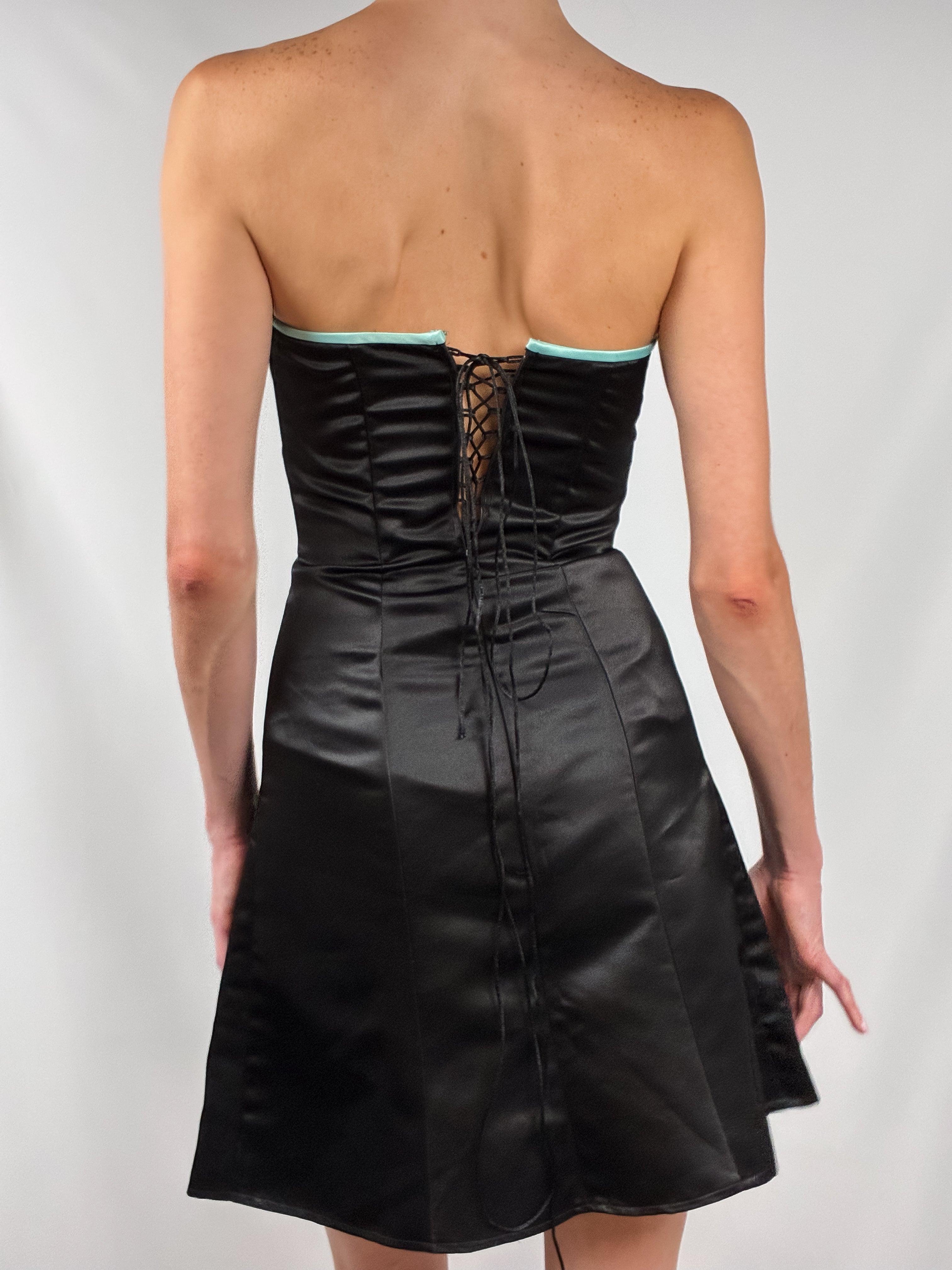 Jessica McClintock Gunne Sax 1990s Black Satin Strapless Bow Mini Dress - XS-M