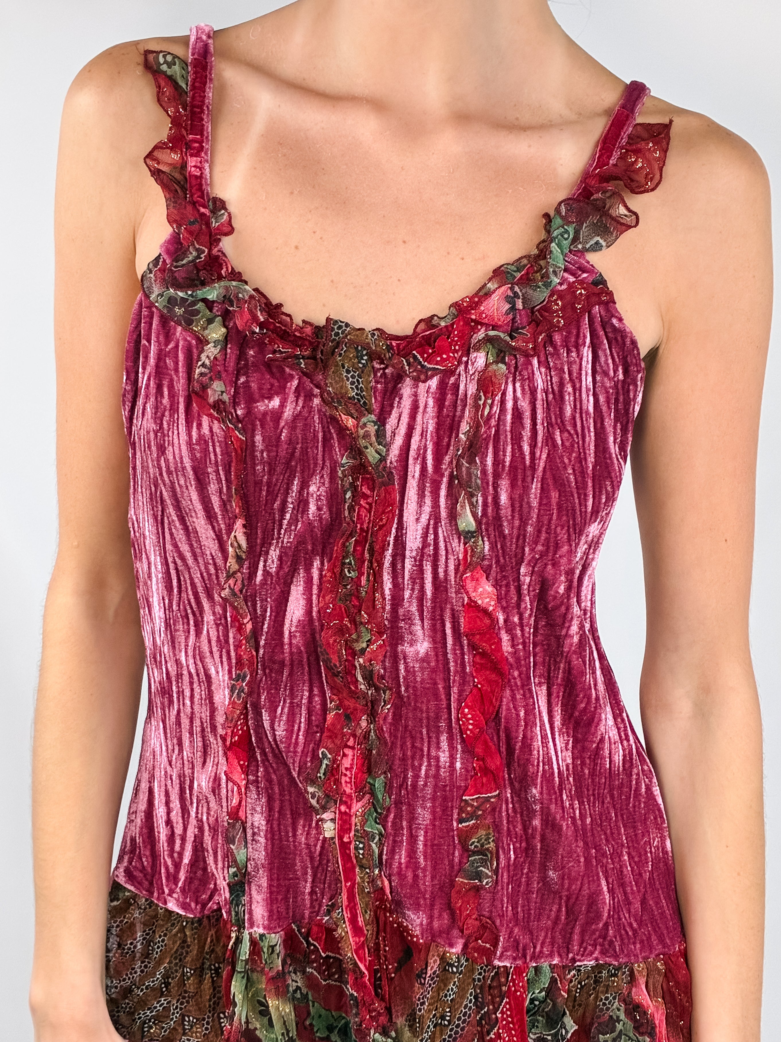 Aris A. 2000s Raspberry Crushed Velvet Tiered Boho Dress + Jacket Set - M/L