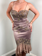 Julian Joyce by Mandalay 2000s Mauve Beaded Lace Mermaid Dress - M/L