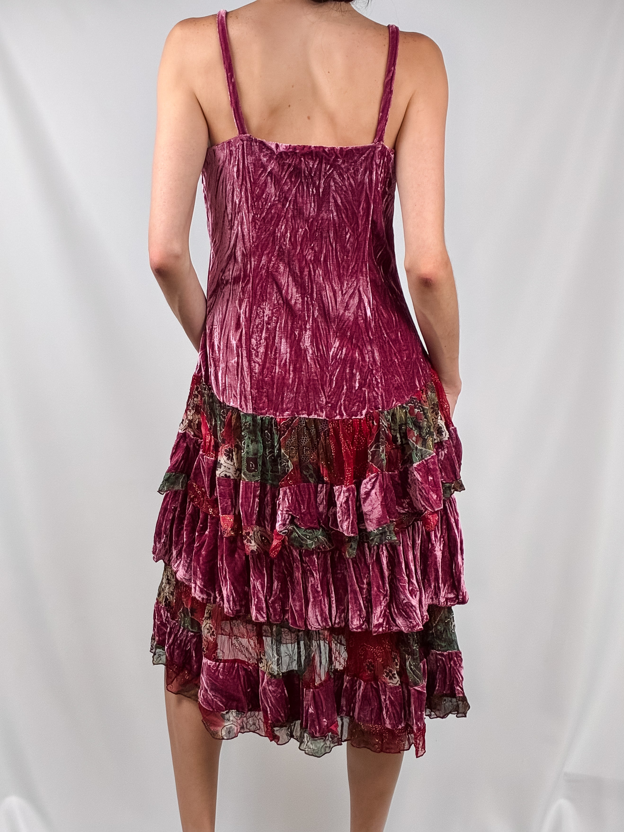 Aris A. 2000s Raspberry Crushed Velvet Tiered Boho Dress + Jacket Set - M/L