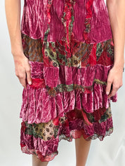 Aris A. 2000s Raspberry Crushed Velvet Tiered Boho Dress + Jacket Set - M/L