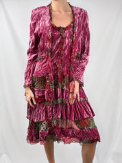 Aris A. 2000s Raspberry Crushed Velvet Tiered Boho Dress + Jacket Set - M/L